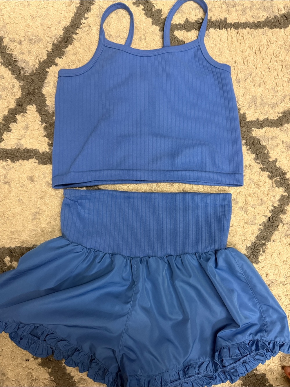 Women’s Blue Ribbed Tank and Ruffle Shorts Set
